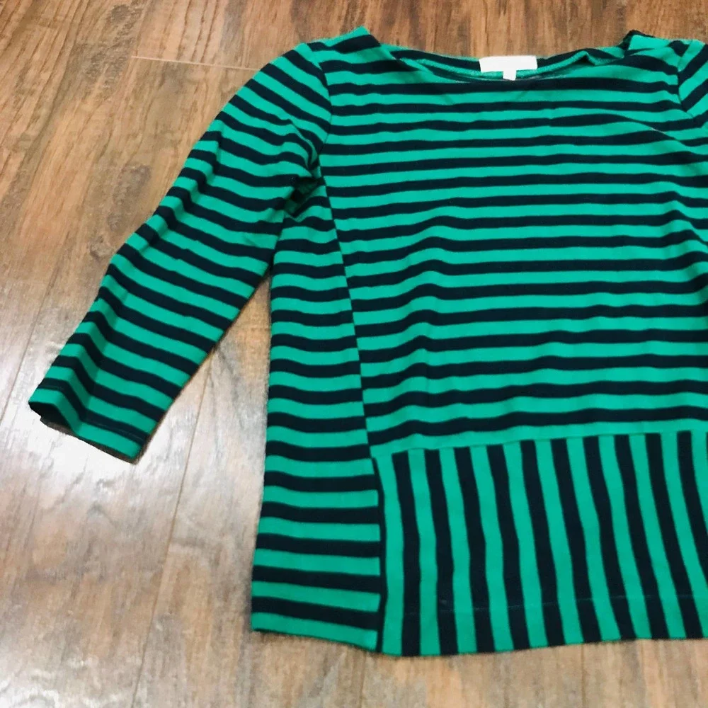Madewell size extra small XS green and black striped 3/4 pointe knit peplum top - Picture 3 of 5